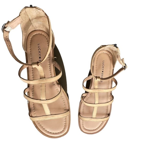 Lucky Brand Women’s “Ellian” Tan Leather Wedge  Sandals with Zippered Heel 8.5 - Picture 6 of 9